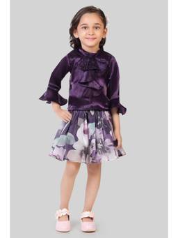 TINY GIRL - Full Sleeves Solid Top and Floral Printed Skirt - Purple
