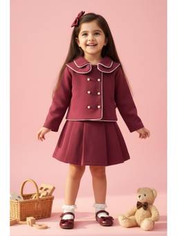 TINY GIRL - Full Sleeves Solid Top and Skirt- Maroon