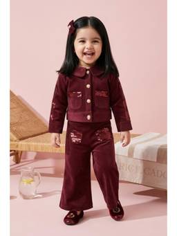 TINY GIRL - Full Sleeves Sequin Detail Shirt and Pant- Maroon