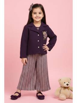 TINY GIRL - Full Sleeves Solid Corsage detail Top and Printed Pant- Purple