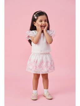 TINY GIRL - Half Sleeves Floral Embroidered Top and Skirt- White