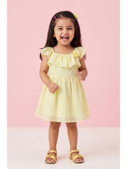 TINY GIRL - Flared Sleeves Stripe Printed Dress- Yellow