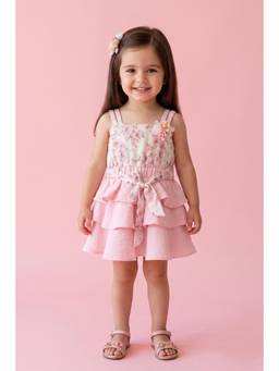 TINY GIRL - Sleeveless Floral Printed Layered Dress- Pink