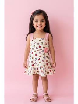 TINY GIRL - Sleeveless Heart Printed Dress- Cream