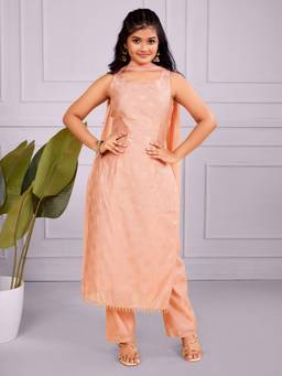 TeenTrums - Peach Girls Designer Kurta with Straight Pant and Dupatta