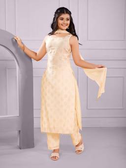 TeenTrums - Cream Girls Designer Kurta with Straight Pant and Dupatta