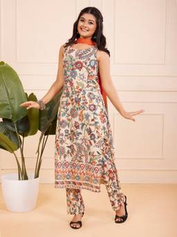 TeenTrums - Girls Ethnic Motifs Printed Cotton Kurta with Straight Pant and Dupatta
