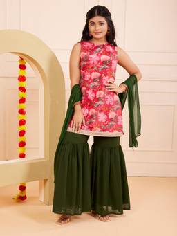 TeenTrums - Girls Floral Print Chinon Kurta and Sharara with Dupatta
