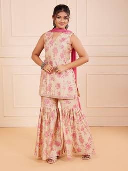 TeenTrums - Girls Designer Poly Silk Kurta and Sharara with and Dupatta