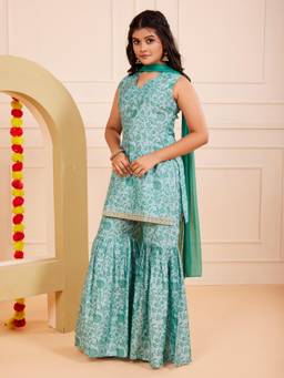 TeenTrums - Girls Designer Poly Silk Kurta and Sharara with and Dupatta