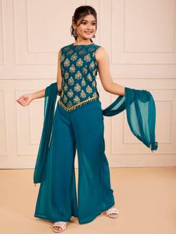 TeenTrums - Girls Teal Brocade Kurta Palazzo and Dupatta