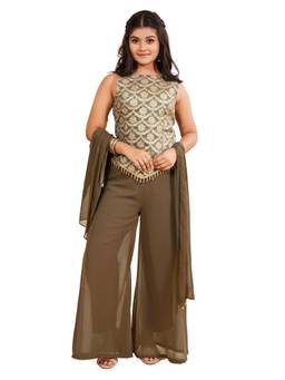 TeenTrums - Girls Olive Brocade Kurta Palazzo and Dupatta
