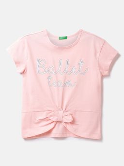 United Colors of Benetton - Cotton Printed Round Neck Girls Peach T-shirts