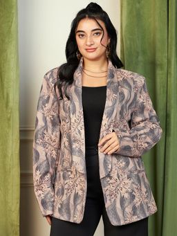 KASSUALLY - CURVE BY KASSUALLY Printed Swede Grey Long Blazer