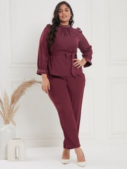 KASSUALLY - CURVE BY KASSUALLY Maroon High Neck Collar Full Sleeve Top With Pants & Belt