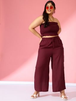 KASSUALLY - CURVE BY KASSUALLY Maroon Strappy Smoked Crop Tube Top With Wide Leg Pants