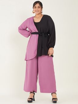 KASSUALLY - CURVE BY KASSUALLY Purple Wrap V-Neck Colour Block Loose Top With Pant & Belt