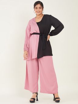 KASSUALLY - CURVE BY KASSUALLY Pink Wrap V-Neck Loose Top With Pant & Belt
