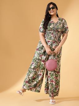 KASSUALLY - CURVE BY KASSUALLY Green Leaf Printed V-Neck Smoked Top With Pants