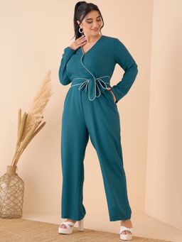 KASSUALLY - CURVE BY KASSUALLY Detailed Blue Wrapped Women Jumpsuit With Belt