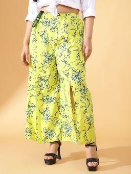 KASSUALLY - CURVE BY KASSUALLY Yellow Floral Print Front Cut Trouser