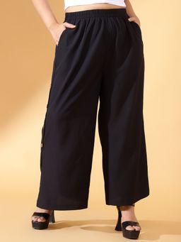 KASSUALLY - CURVE BY KASSUALLY Black Wide Leg Pant With Side Button Opening