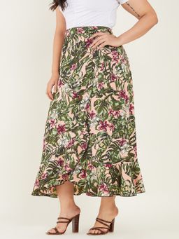 KASSUALLY - CURVE BY KASSUALLY Floral Printed Green Wrap Midi Skirt