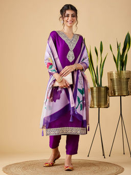 MOKOSH - Women Purple Embroidered Kurta & Pant with Dupatta