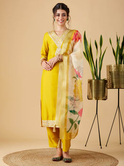 MOKOSH - Women Yellow Embroidered Kurta & Pant with Dupatta