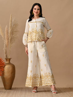 MYSHKA - Women Mustard Embroidered Ethnic Motif Co-Ord Set