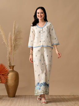 MYSHKA - Women Blue Floral Embroidered Co-Ord Set