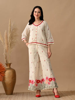 MYSHKA - Women Red Floral Embroidered Co-Ord Set