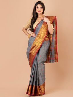 LAA CALCUTTA - Grey & Maroon Pure Cotton Tant Saree