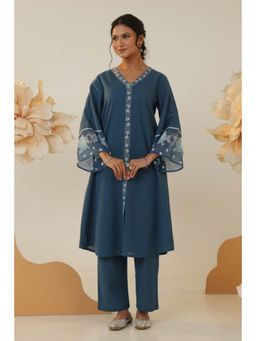 Autumnlane - Purna Ocean Embroidered Cotton Kurta with Pant (Set of 2)
