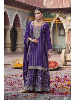 Autumnlane - Women Lavender Embroidered Kurta with Sharara and Dupatta (Set of 3)