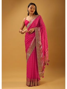 KALKI FASHION - Pink Saree in Zari Kota Silk Gotta Patti Embroidered Border with Unstitched Blouse
