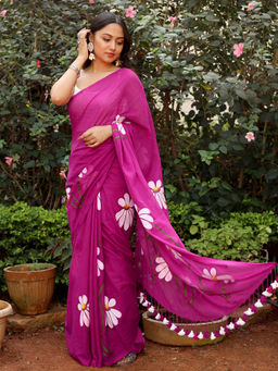 Teejh - Blossom Breeze Fuchsia Pink Printed Mulmul Cotton Saree