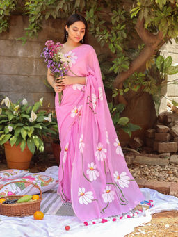 Teejh - Blossom Breeze Lavender Printed Mulmul Cotton Saree