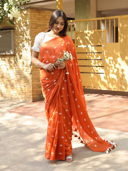 Teejh - Reiya Rust Orange Embroidered Mulmul Cotton Saree