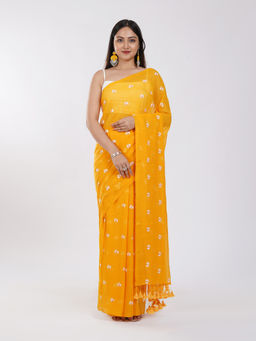 Teejh - Reiya Mustard Embroidered Mulmul Cotton Saree