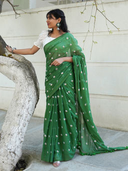 Teejh - Reiya Green Embroidered Mulmul Cotton Saree