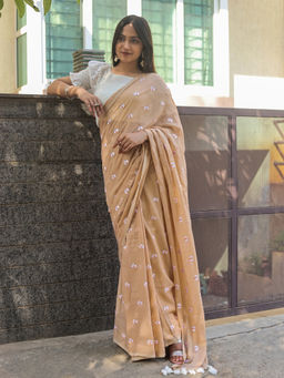 Teejh - Reiya Beige Embroidered Mulmul Cotton Saree