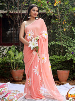 Teejh - Kusuma Peach Pink Mul Cotton Printed Saree