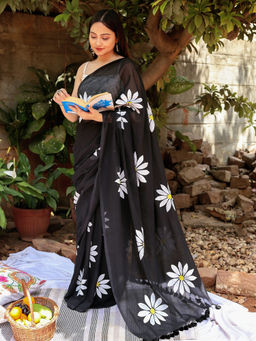Teejh - Kusuma Black and White Mul Cotton Printed Saree
