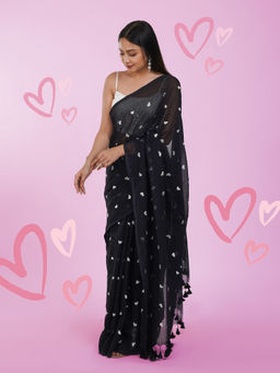 Teejh - Chahna Black and White Mul Cotton Heart Embroidery Saree