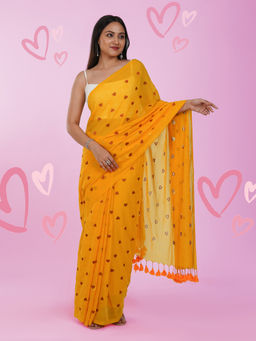 Teejh - Chahna Yellow and Brown Mul Cotton Heart Embroidery Saree