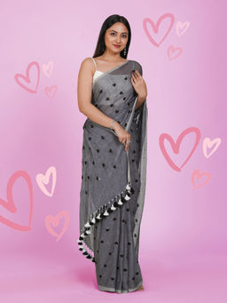 Teejh - Chahna Grey and Black Mul Cotton Heart Embroidery Saree