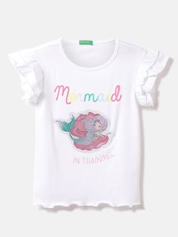 United Colors of Benetton - Cotton Printed Round Neck Girls White T-shirts