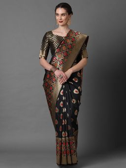 Akhilam - Black Festive Silk Blend Woven Design Saree with Unstitched