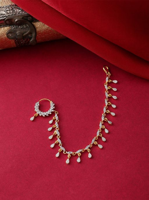 Yellow Chimes Gold-Plated And White Ad-Studded Nose Pin With Chain
